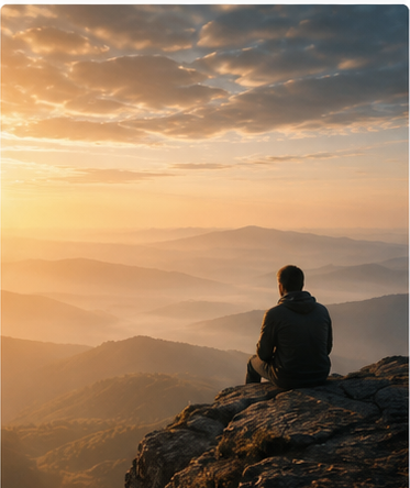 Mensch sitzt bei Sonnenaufgang auf einem Felsen über weiter Berglandschaft