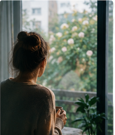 Frau mit Tasse am Fenster, Blick nach draußen